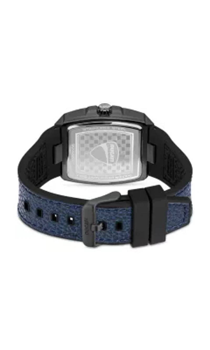 Automated Quartz Analog Watch With Blue Textured Leather Strap, Semi Transparent Dial 40Mm Case-DTWGB0000703