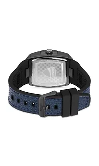 Automated Quartz Analog Watch With Blue Textured Leather Strap, Semi Transparent Dial 40Mm Case-DTWGB0000703