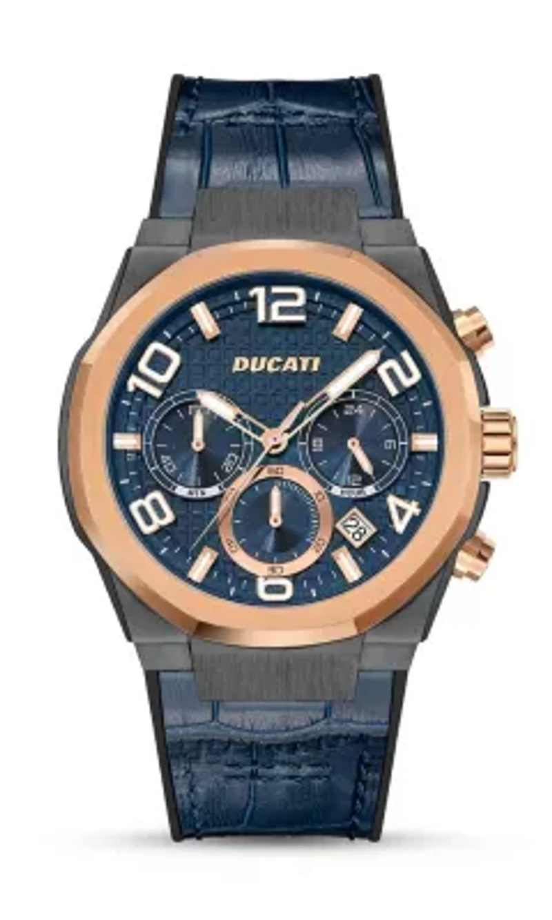 Chronograph Quartz Watch With Blue Leather & Silicon Strap, Blue Dial 44Mm Case
