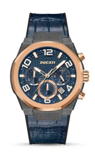 Chronograph Quartz Watch With Blue Leather & Silicon Strap, Blue Dial 44Mm Case