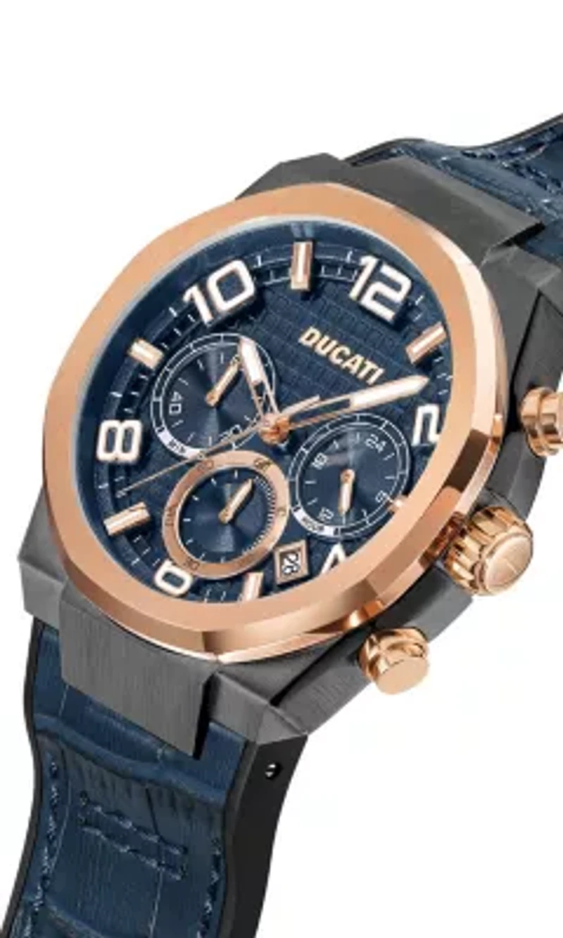 Chronograph Quartz Watch With Blue Leather & Silicon Strap, Blue Dial 44Mm Case