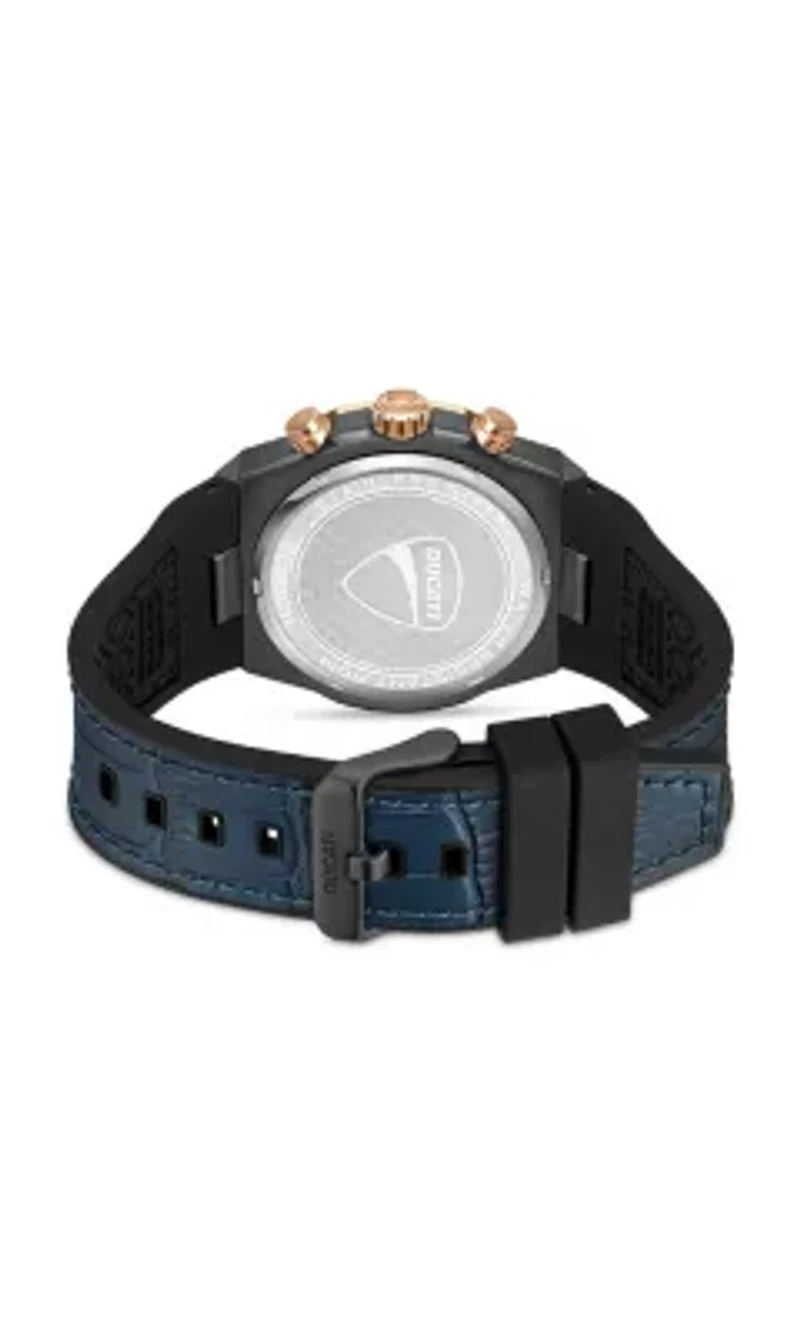 Chronograph Quartz Watch With Blue Leather & Silicon Strap, Blue Dial 44Mm Case