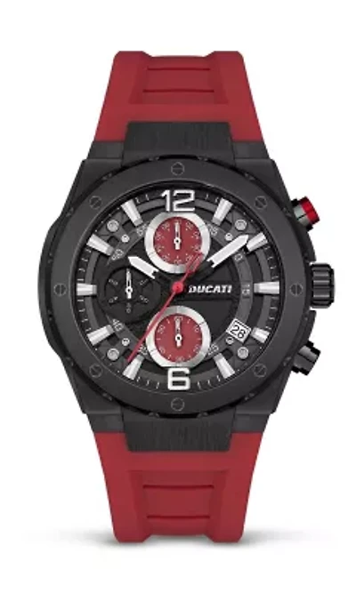 Chronograph Quartz Watch With Red Silicon Strap, Black Dial 44Mm Case