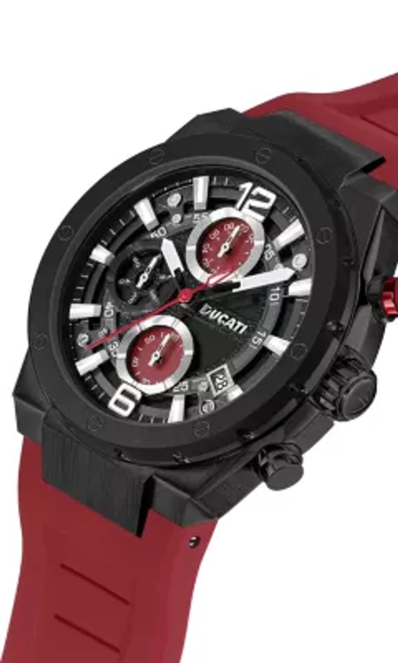 Chronograph Quartz Watch With Red Silicon Strap, Black Dial 44Mm Case