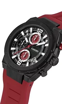Chronograph Quartz Watch With Red Silicon Strap, Black Dial 44Mm Case