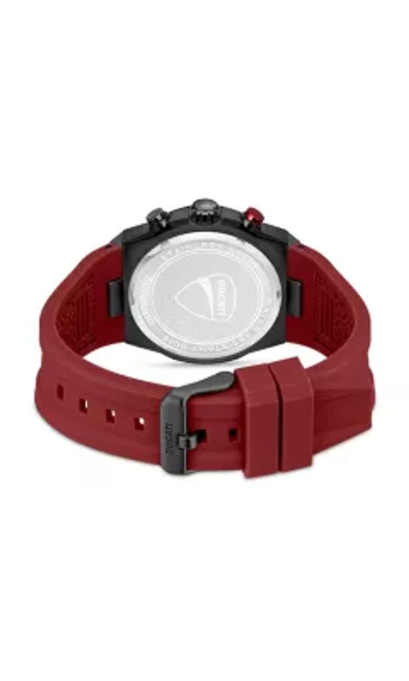 Chronograph Quartz Watch With Red Silicon Strap, Black Dial 44Mm Case