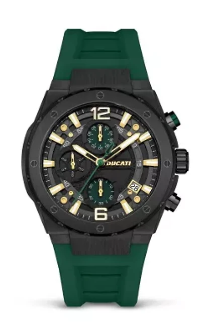 Chronograph Quartz Watch With Green Silicon Strap, Green Dial 44Mm Case