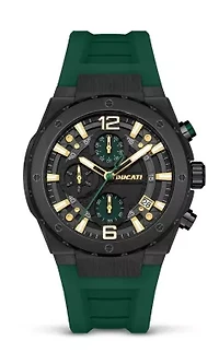 Chronograph Quartz Watch With Green Silicon Strap, Green Dial 44Mm Case