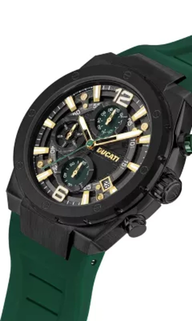 Chronograph Quartz Watch With Green Silicon Strap, Green Dial 44Mm Case