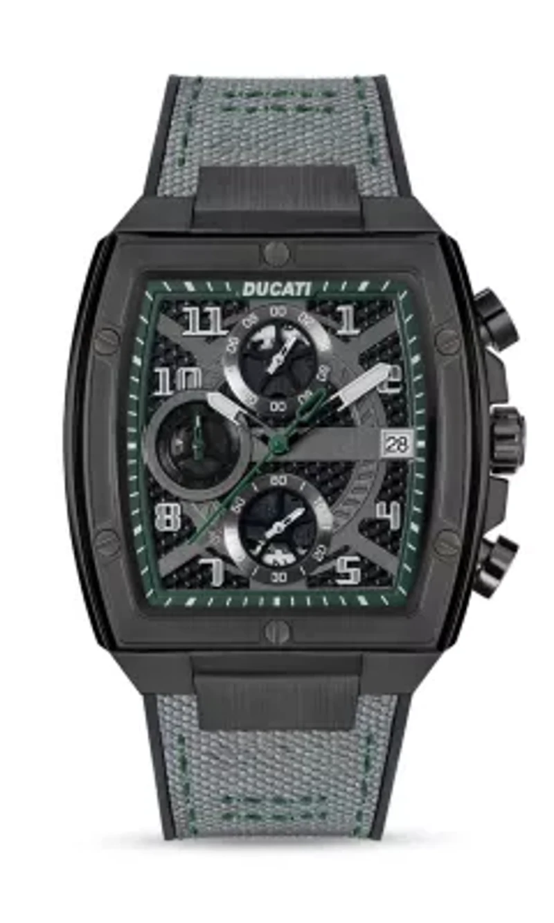 Chronograph Quartz Watch With Grey Silicon & Nylon Strap, Black Dial Square Shape  40Mm Case