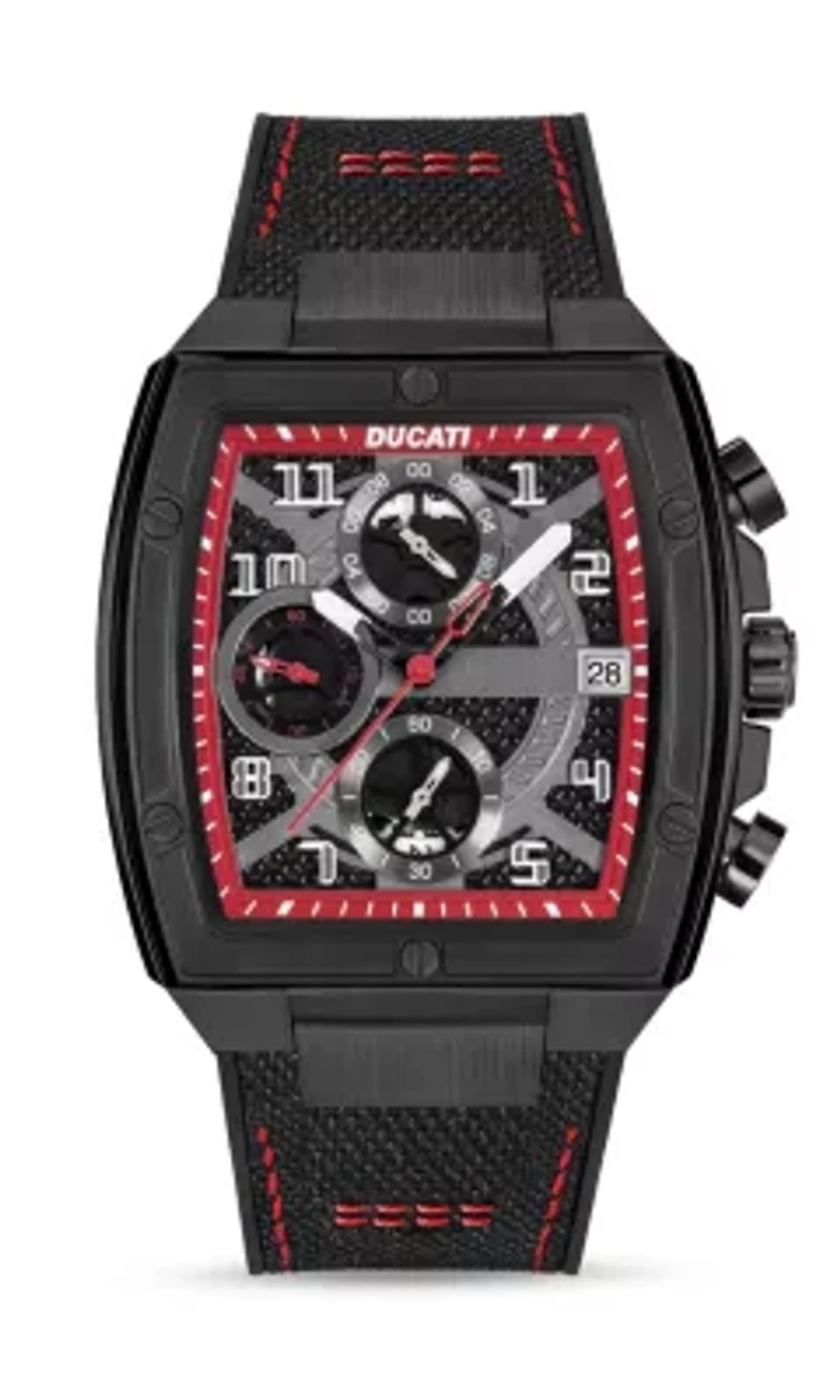 Chronograph Quartz Watch With Black And Red Contrast Stitched Silicon & Nylon Strap, Black Dial Square Shape 40Mm Case