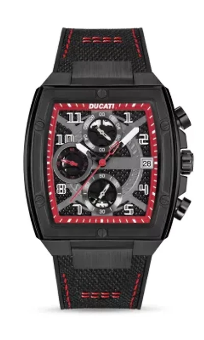 Chronograph Quartz Watch With Black And Red Contrast Stitched Silicon & Nylon Strap, Black Dial Square Shape 40Mm Case