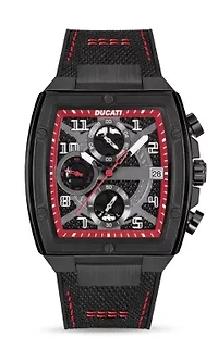 Chronograph Quartz Watch With Black And Red Contrast Stitched Silicon & Nylon Strap, Black Dial Square Shape 40Mm Case