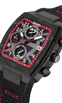 Chronograph Quartz Watch With Black And Red Contrast Stitched Silicon & Nylon Strap, Black Dial Square Shape 40Mm Case