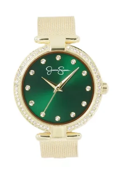 Gold Tone Green Dial 38 Millimeter Mesh Bracelet Watch