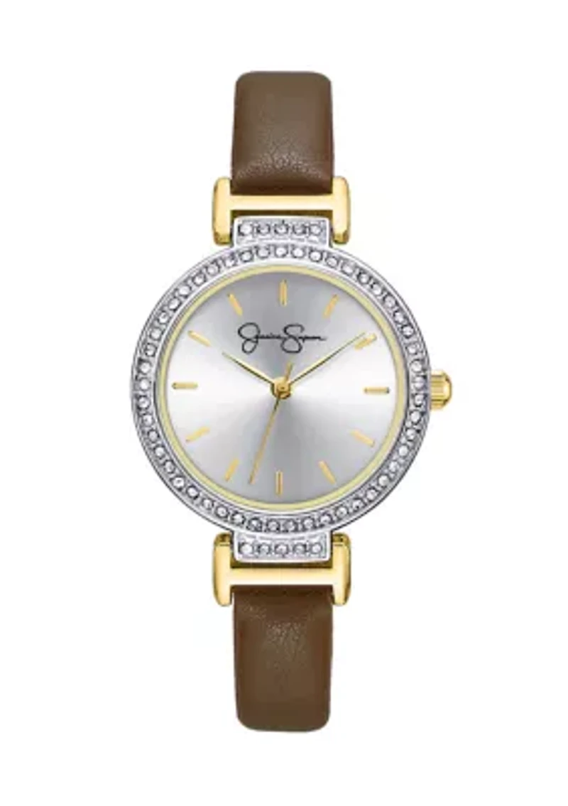 Two Tone Round Face Brown Leather Band Watch