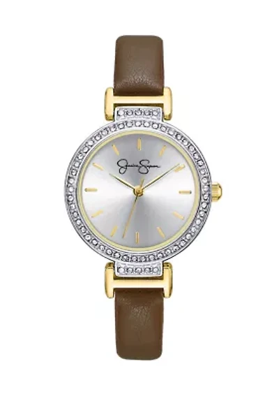 Two Tone Round Face Brown Leather Band Watch