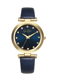 Gold Tone Metalized Bezel Navy Strap Watch