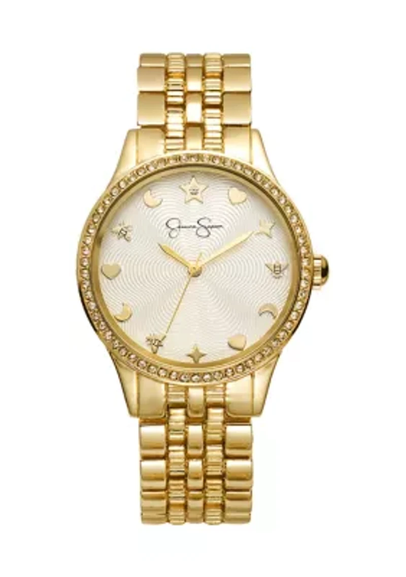 Gold Tone Crystal Bezel Etched Dial Motif Bracelet Watch