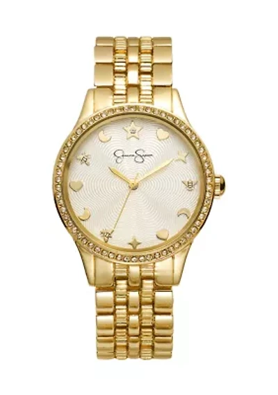 Gold Tone Crystal Bezel Etched Dial Motif Bracelet Watch