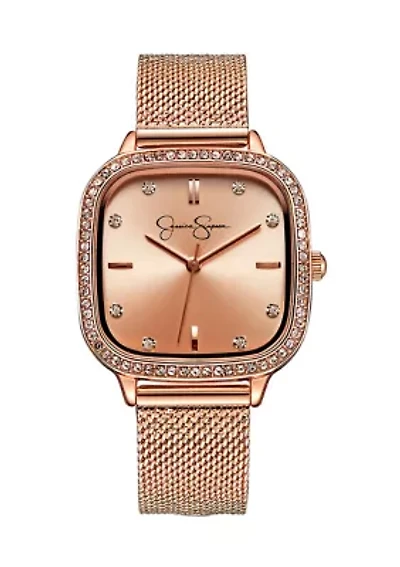 Rose Gold Tone Crystal Bezel Mesh Watch