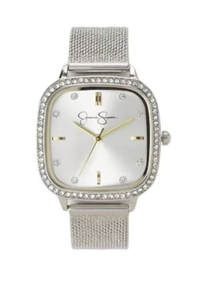 Silver Tone 33 Millimeter Square Case Crystal Mesh Watch