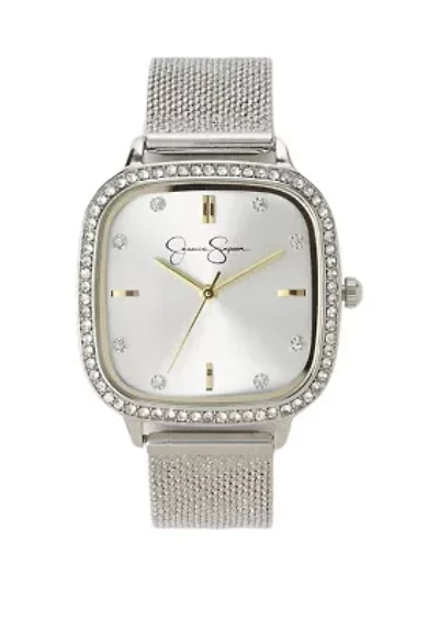 Silver Tone 33 Millimeter Square Case Crystal Mesh Watch