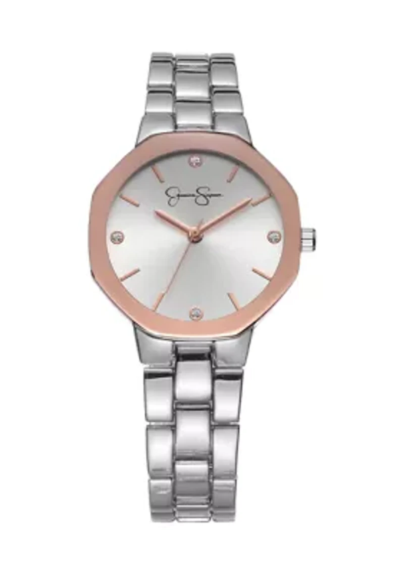 Silver Tone Rose Mettalized Bezel Bracelet Watch