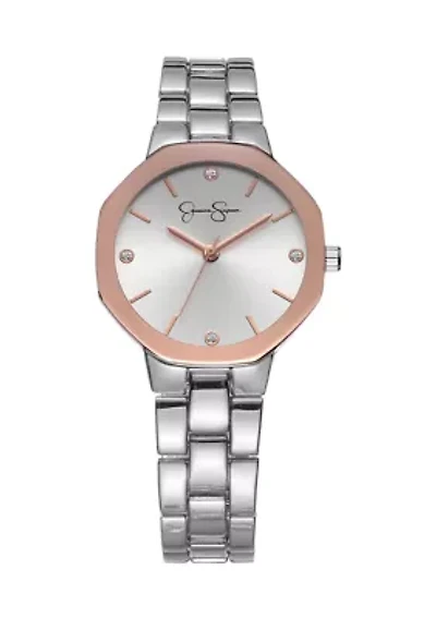 Silver Tone Rose Mettalized Bezel Bracelet Watch