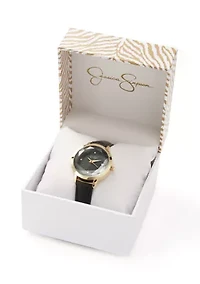 Gold Tone Black Faceted Glass Strap Watch