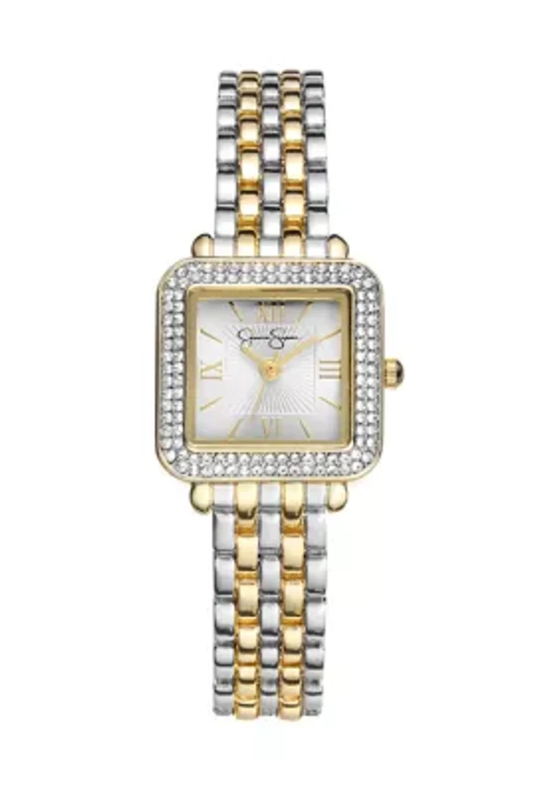 Crystal Pave Square Tri-Tone Watch