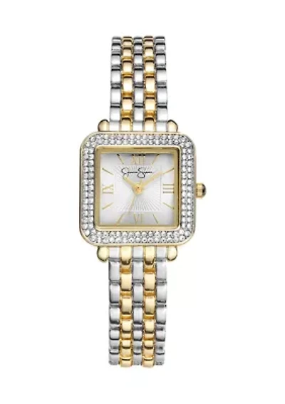 Crystal Pave Square Tri-Tone Watch