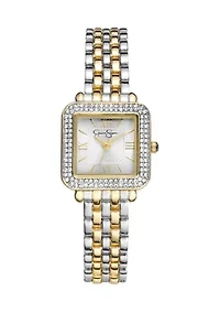 Crystal Pave Square Tri-Tone Watch