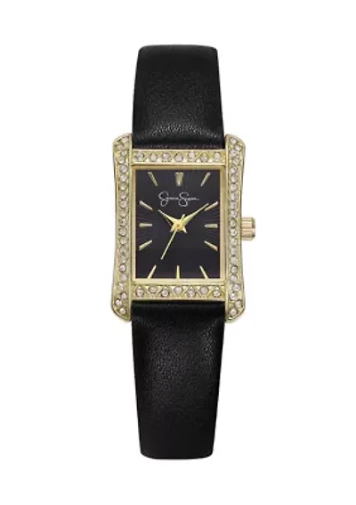 Gold Tone Rectangle Dial Faceted Bezel Watch