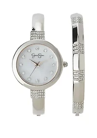 Silver Tone Two Piece Watch and Bangle Bracelet Set