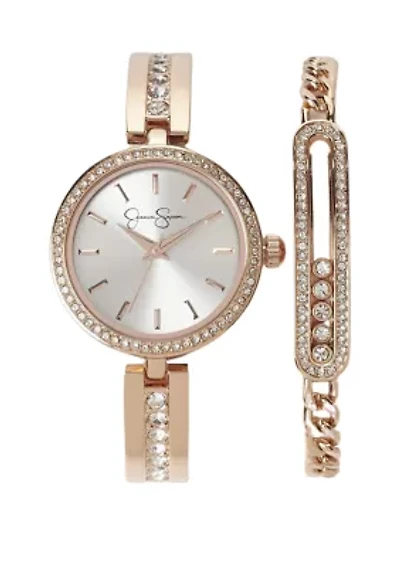 Rose Gold Tone 2 Piece Crystal Bracelet and Watch Set