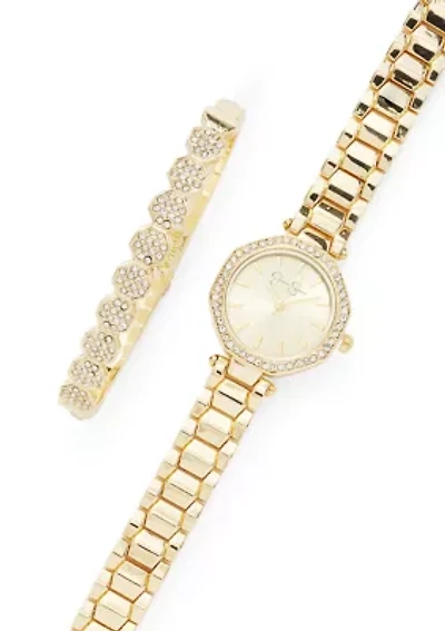 Womens Gold Tone Crystal Watch and Bracelet Set