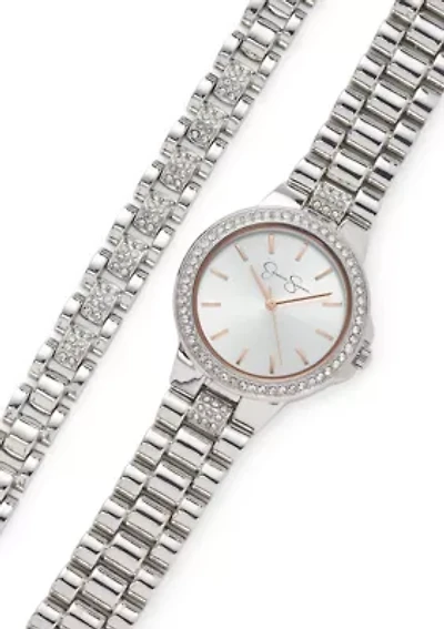 Womens Silver Tone Crystal Watch And Bracelet Set