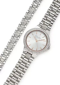 Womens Silver Tone Crystal Watch And Bracelet Set