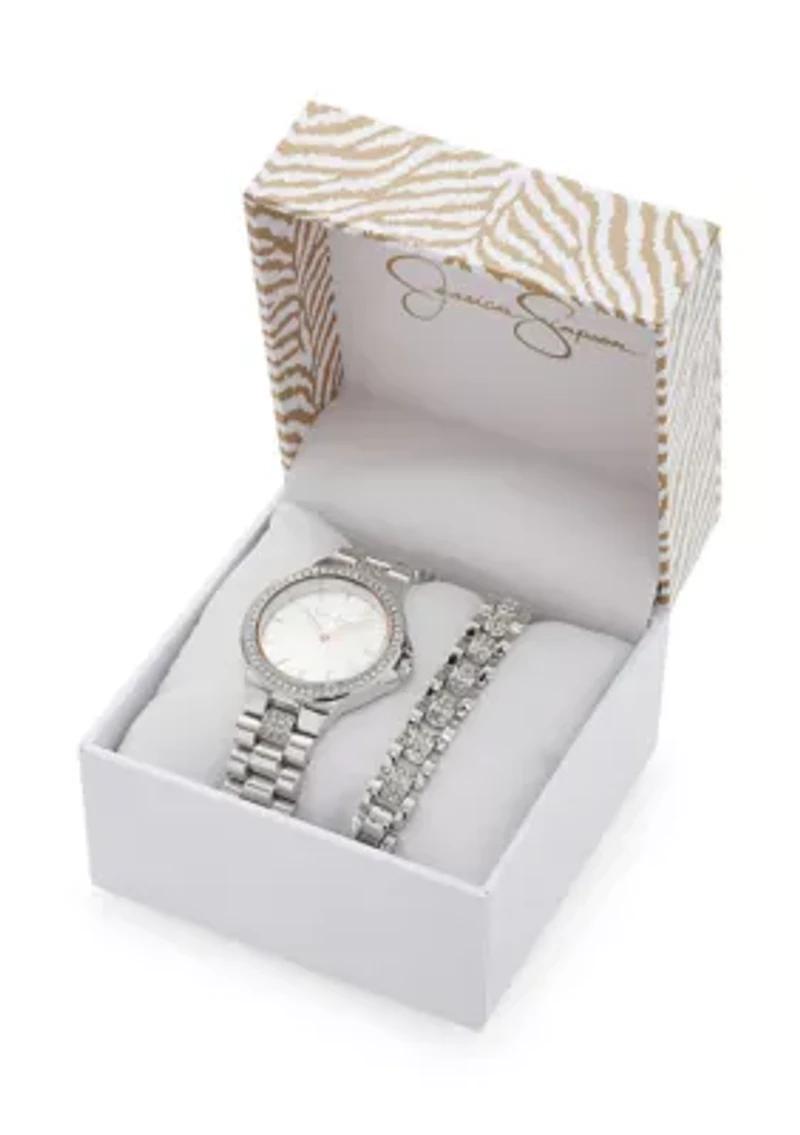 Womens Silver Tone Crystal Watch And Bracelet Set
