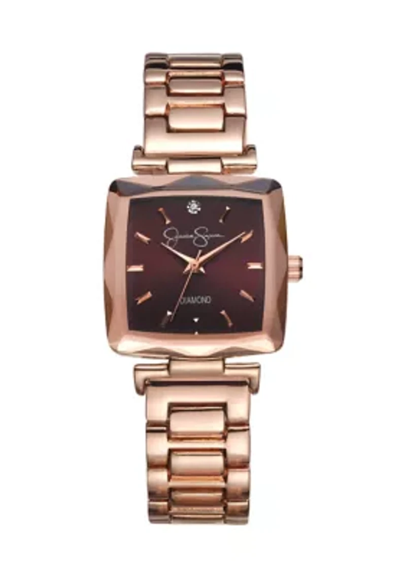 Rose Gold Tone Faceted Bezel Genuine Diamond Bracelet Watch