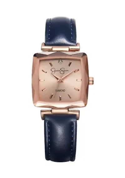 Rose Gold Tone Faceted Bezel Genuine Diamond Strap Watch