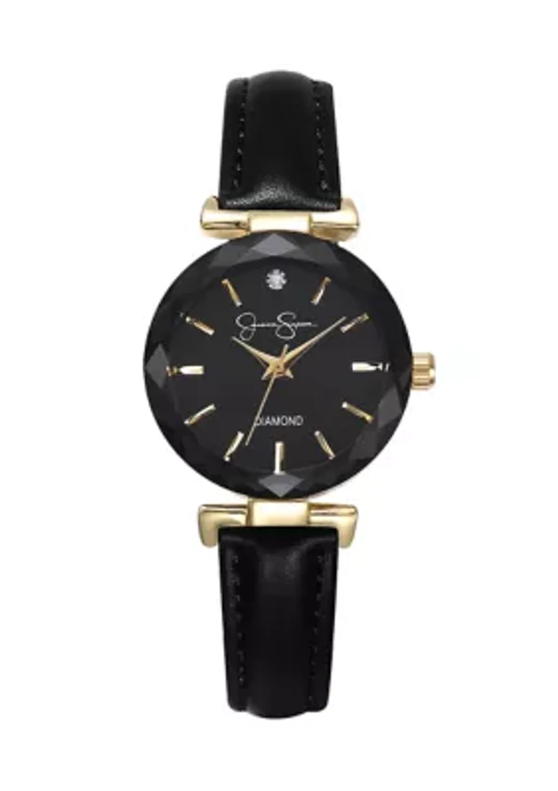 Gold Tone Leather Strap Faceted Bezel Watch
