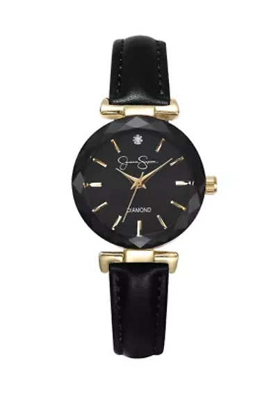 Gold Tone Leather Strap Faceted Bezel Watch