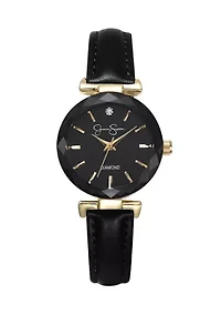 Gold Tone Leather Strap Faceted Bezel Watch
