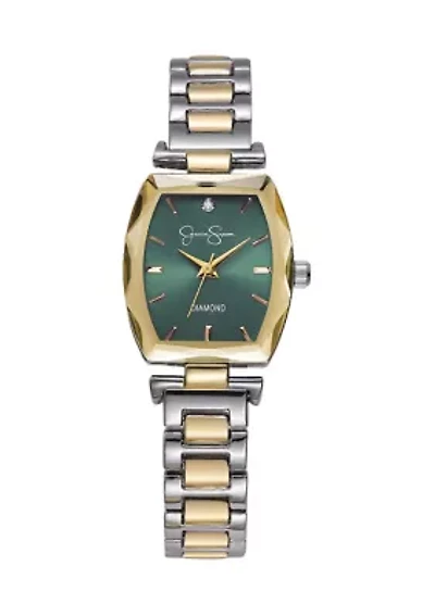 Two Tone Green Dial Faceted Bezel Watch