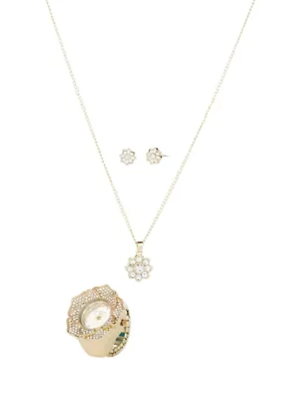Crystal Flower Watch Ring Set