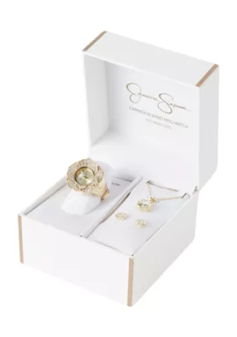 Crystal Flower Watch Ring Set