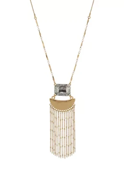 Gold Tone Long Rectangle Hematite Stone with Crescent Pendant on Chain with Tassel Necklace