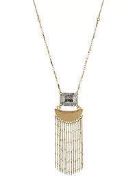 Gold Tone Long Rectangle Hematite Stone with Crescent Pendant on Chain with Tassel Necklace